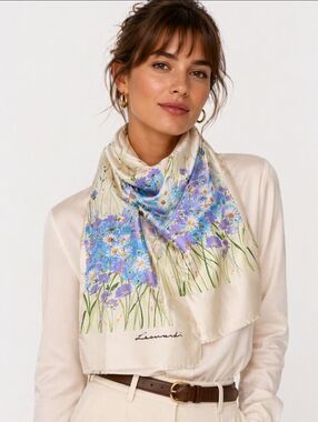 Leonardi Vintage Italian Floral Scarf in Cream with Blue & Green Bouquet Daisies